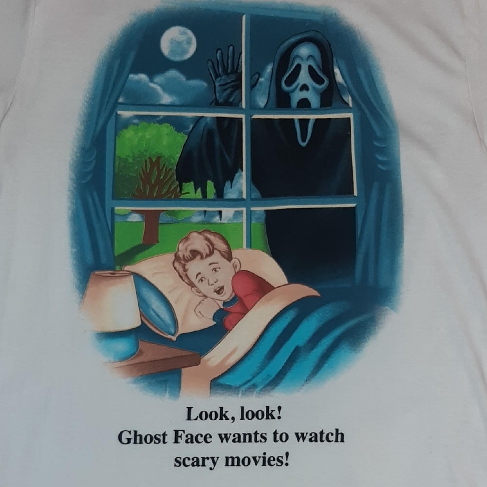 'GHOST FACE'๐ฑ"Look,look" White Graphic Horror Tee in EUC 100% Cotton Sz L - Picture 2 of 10